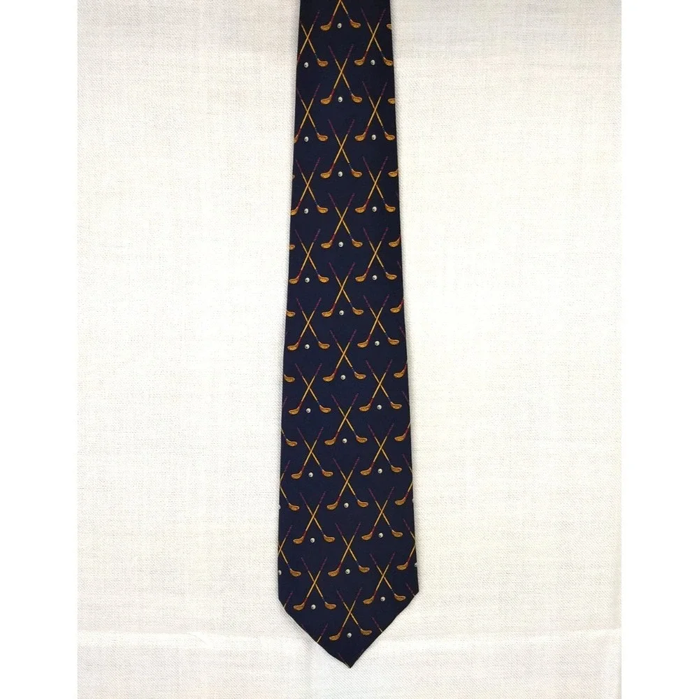 Polo Ralph Lauren 100% Silk Tie‎ Handmade Navy & Tan Golf Clubs Ball USA Vintage
